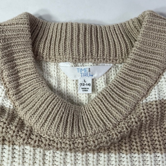 Time and Tru Crew Neck Striped Midweight Sweater - tan/cream, L - Picture 4 of 10
